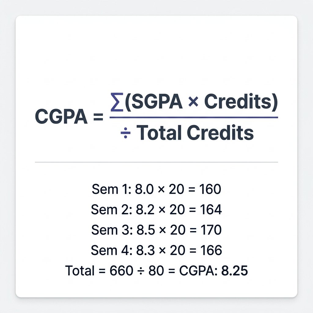 Diagram showing the CGPA formula as sum of SGPA times credits divided by total credits