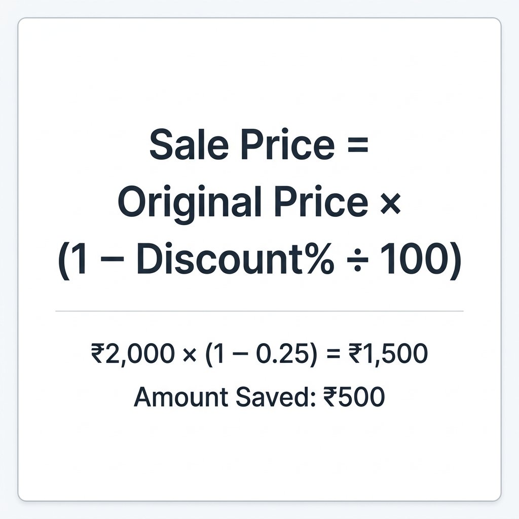 Discount calculation formula showing Sale Price equals Original Price times one minus discount percentage